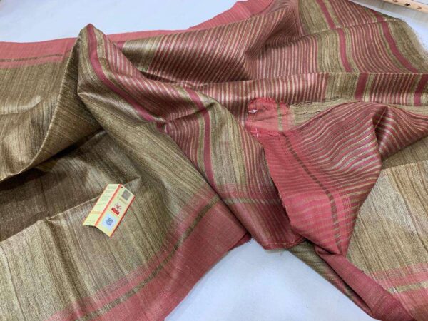 Pure Handloom Tussar Ghicha Silk Strip Weavon Saree
