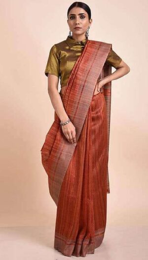 Pure Handloom Tussar Ghicha Silk Strip Weavon Saree