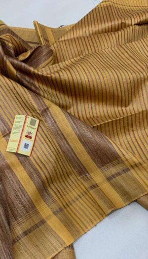 Pure Handloom Tussar Ghicha Silk Strip Weavon Saree
