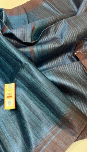 Pure Handloom Tussar Ghicha Silk Strip Weavon Saree