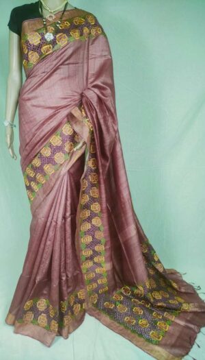 Desi Tussar Silk Emboidery Cut Work Party wear Saree