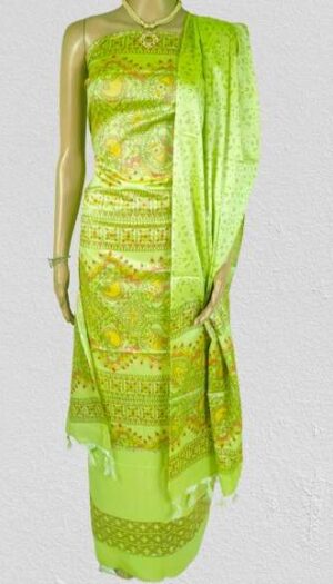 Pure Handloom Khadi Silk Madhubani Print Salwar Kameez Dupatta Set-Lemon Yellow