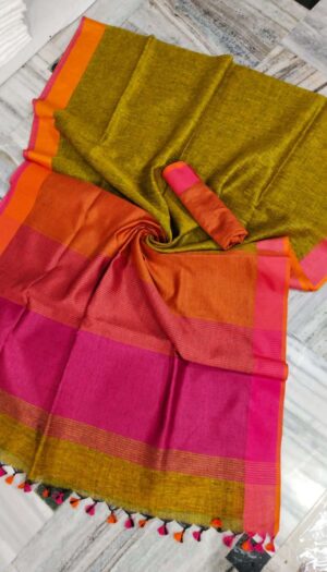 Women's Pure Khadi Linen Salf Border Saree