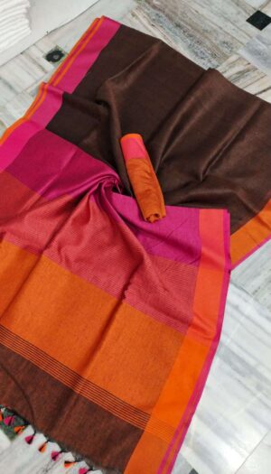 Women's Pure Khadi Linen Salf Border Saree