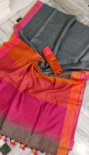 Women's Pure Khadi Linen Salf Border Saree- LLS652
