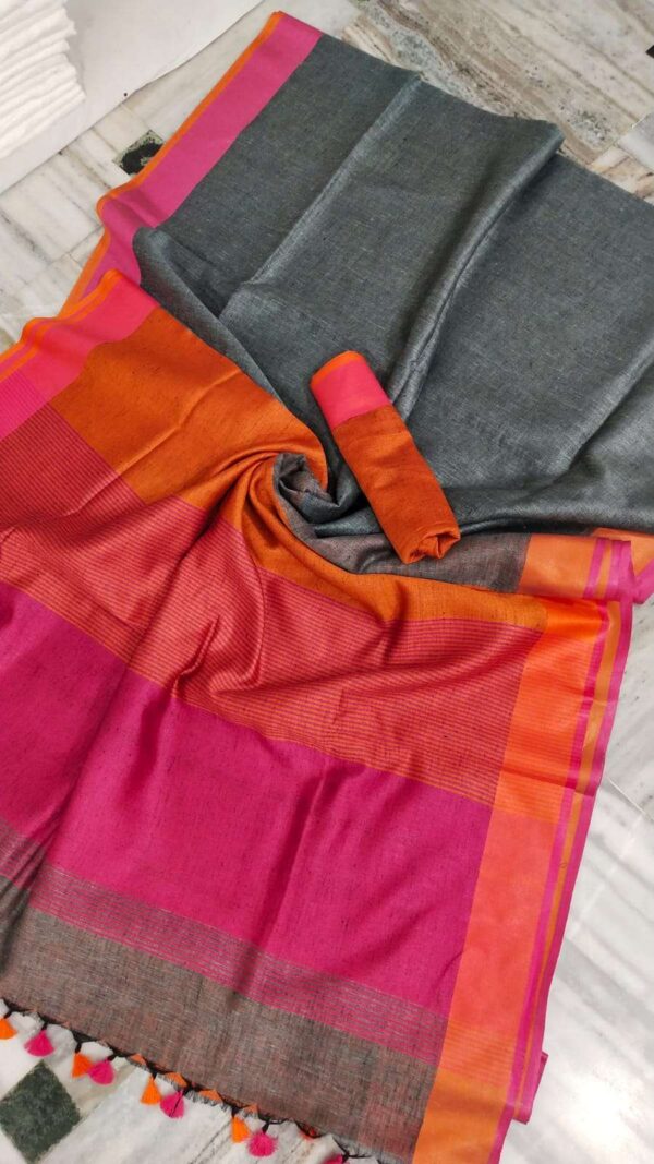 Women's Pure Khadi Linen Salf Border Saree- LLS652