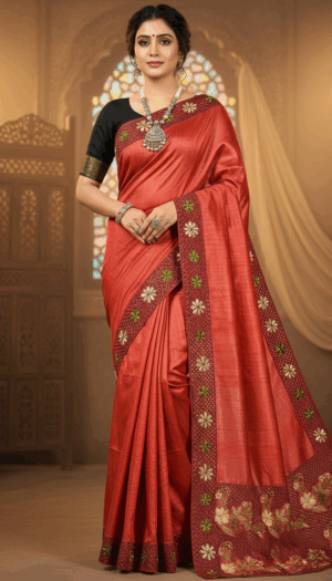 Desi Tasar Silk Hand Cut Work Emboidery Saree