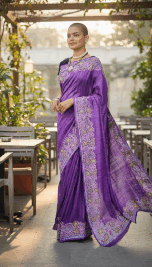 Tassar Desi Silk Hand Cut Work Emboidery Saree