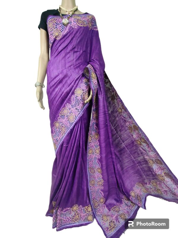 Tassar Desi Silk Hand Cut Work Emboidery Saree