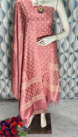 Unstiched Raw Silk Hand Block Print Salwar Suit Materials with Dupatta Piece.