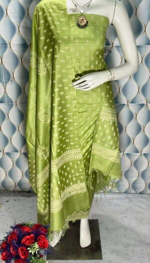 Unstiched Raw Silk Hand Block Print Salwar Suit Materials with Dupatta Piece.