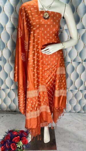 Unstiched Raw Silk Hand Block Print Salwar Suit Materials with Dupatta Piece.