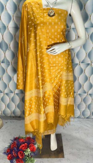 Unstiched Raw Silk Hand Block Print Salwar Suit Materials with Dupatta Piece.