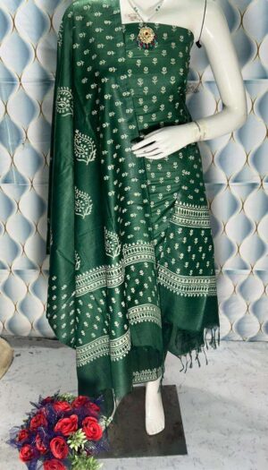 Unstiched Raw Silk Hand Block Print Salwar Suit Materials with Dupatta Piece.