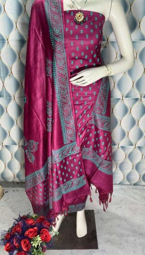 Unstiched Raw Silk Hand Block Print Salwar Suit Materials with Dupatta Piece.