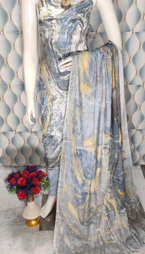 Khadi Silk Marble Print Unstitched Suit Set for Women with Dupatta  for Women And Girls